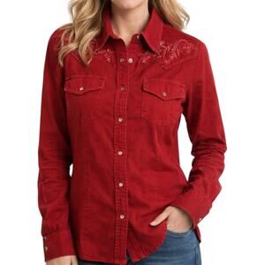 Ryan Michael Button Down Shirt Embroidered Floral Silk Cowboy Crimson Red Small